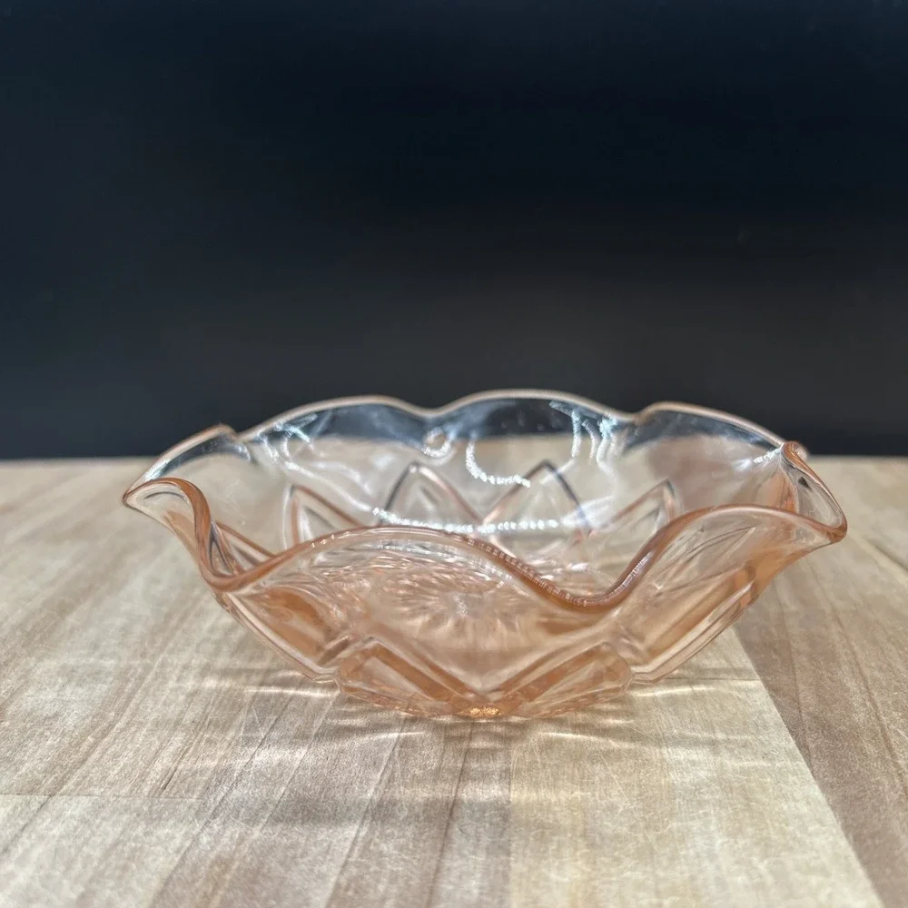 VTG Pink 5 Inch Glass Bowl. Hand Cut Base With Smooth Fluted Edges. Mint.
